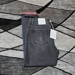 KANCAN LOS ANGELES BLACK DISTRESSED PLAID PATCHED STRAIGHT FIT DENIM JEAN